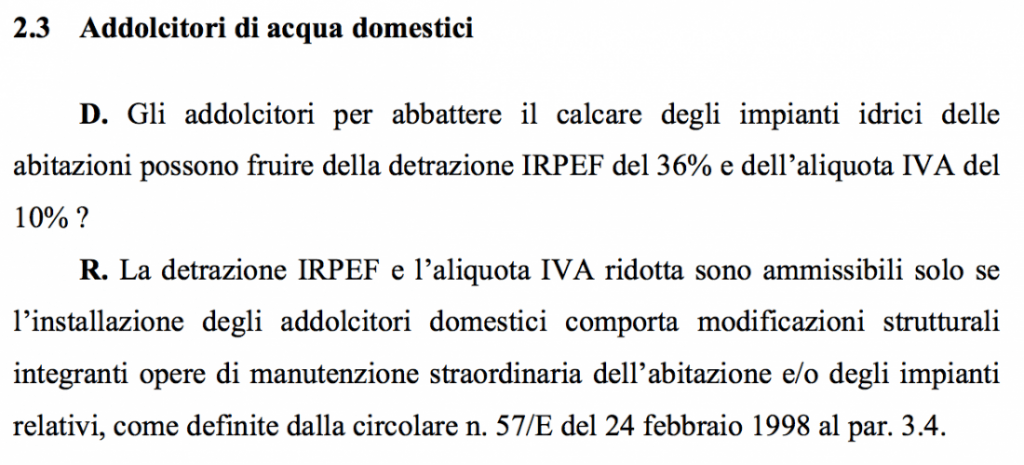 detrazione fiscale 36% e iva al 10% per installazione addolcitori per la rimozione calcare