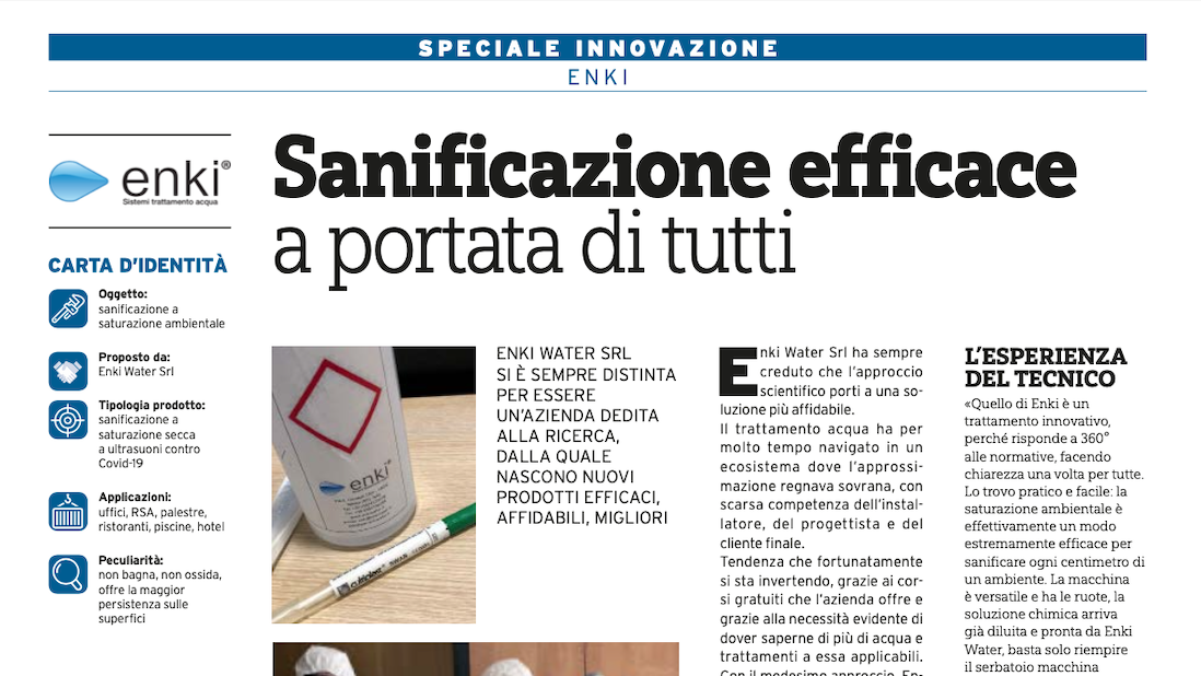 Sanificazione ambienti Covid-19 - GT il giornale del termoidraulico Dicembre 2020 | Enki Water