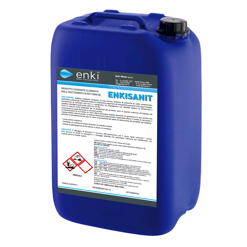 Tanica da 25kg del chimico Enkisanit distribuito da Enki Water